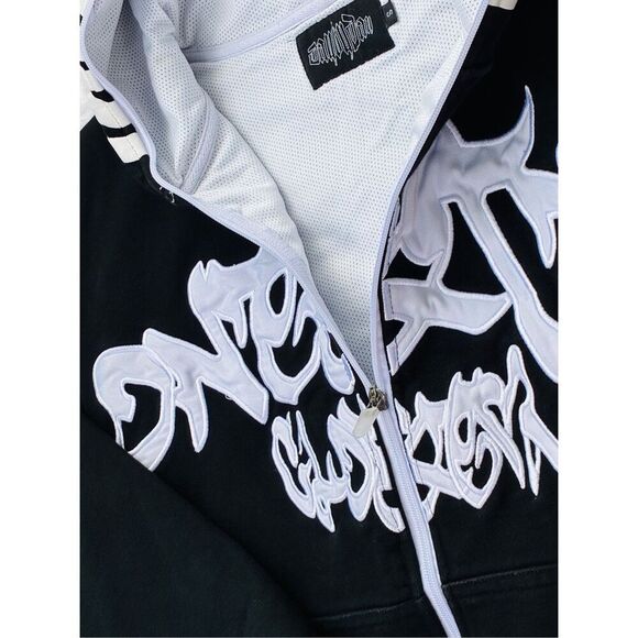 Y2K Black SZ S Irregular Pattern Gothic Punk Full Zip-Up Hoodie Jacket - Picture 5 of 15